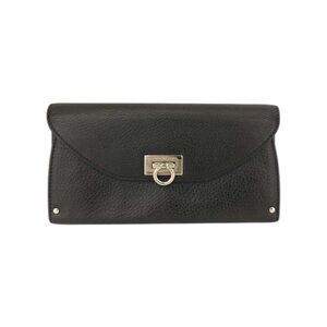 Salvatore Ferragamo Women's Gancini Clip Black Textured Leather Long Wallet